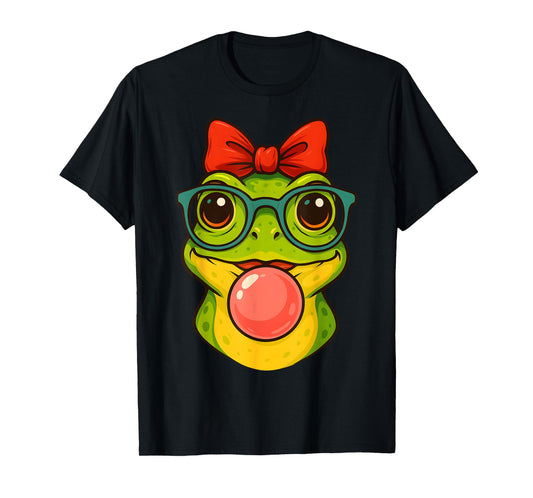 Cute Frog Wearing Glasses & Blowing Pink Bubble Gum T-Shirt