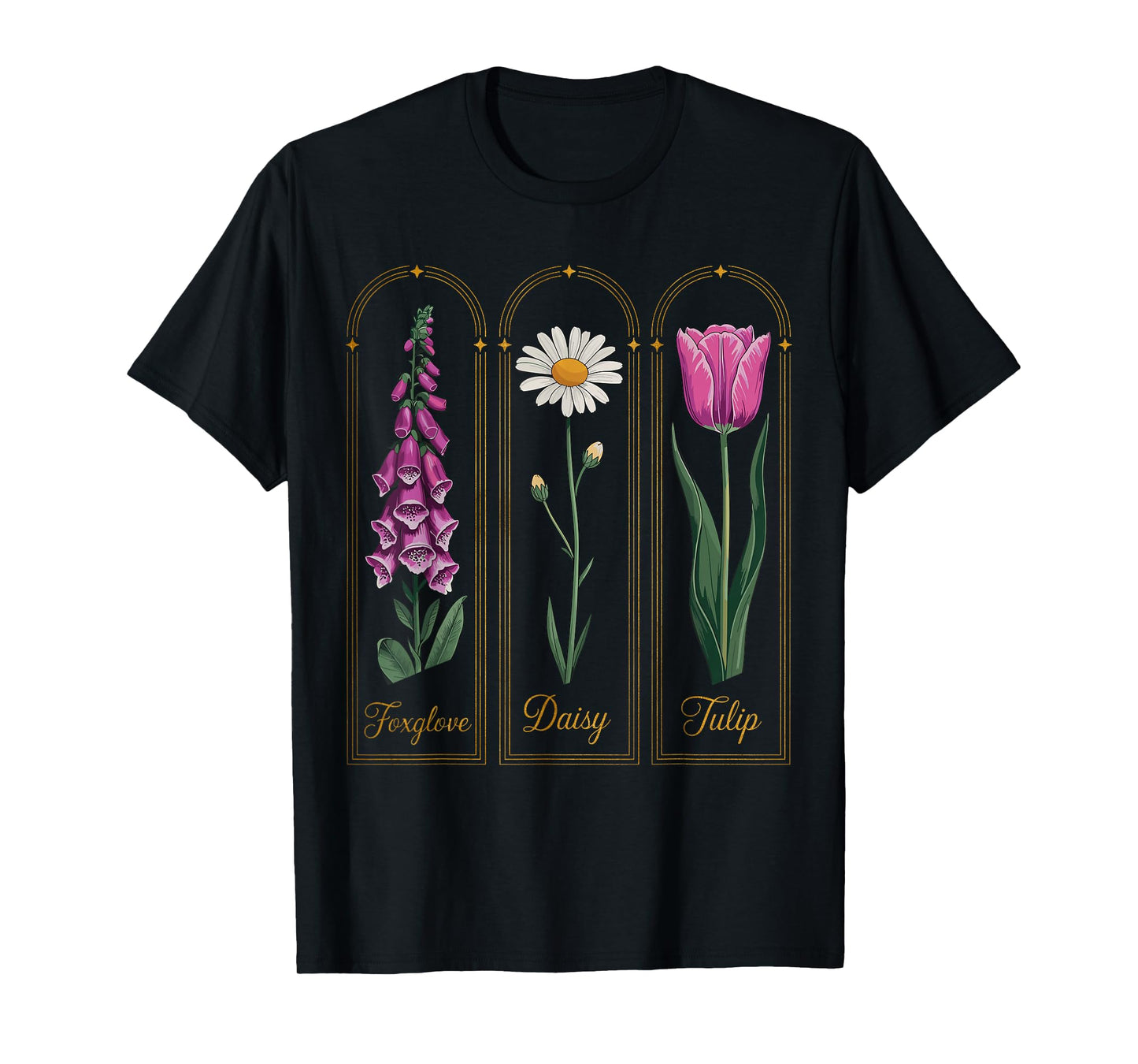 Vintage Botanical Flowers Foxglove Daisy Tulip Garden Plants T-Shirt