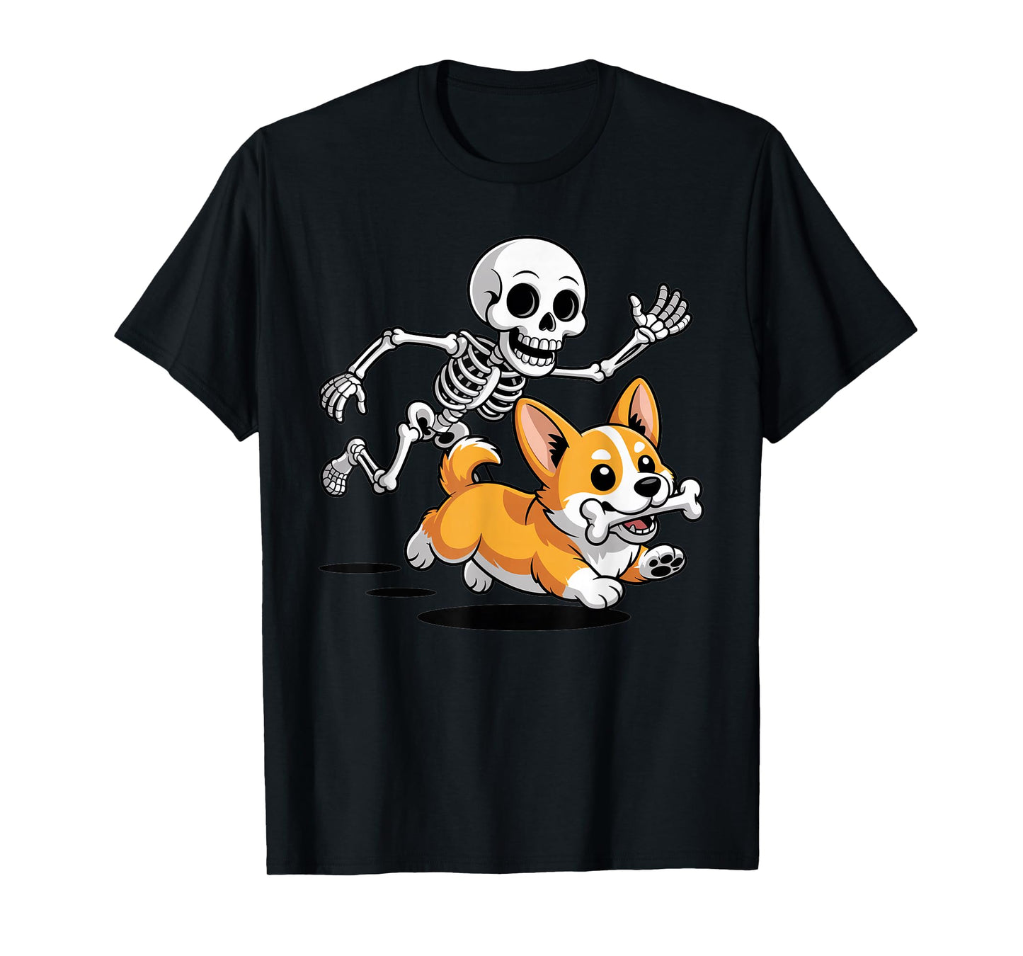 Funny Skeleton Chasing Corgi Halloween Dog Mom Pet Lover T-Shirt