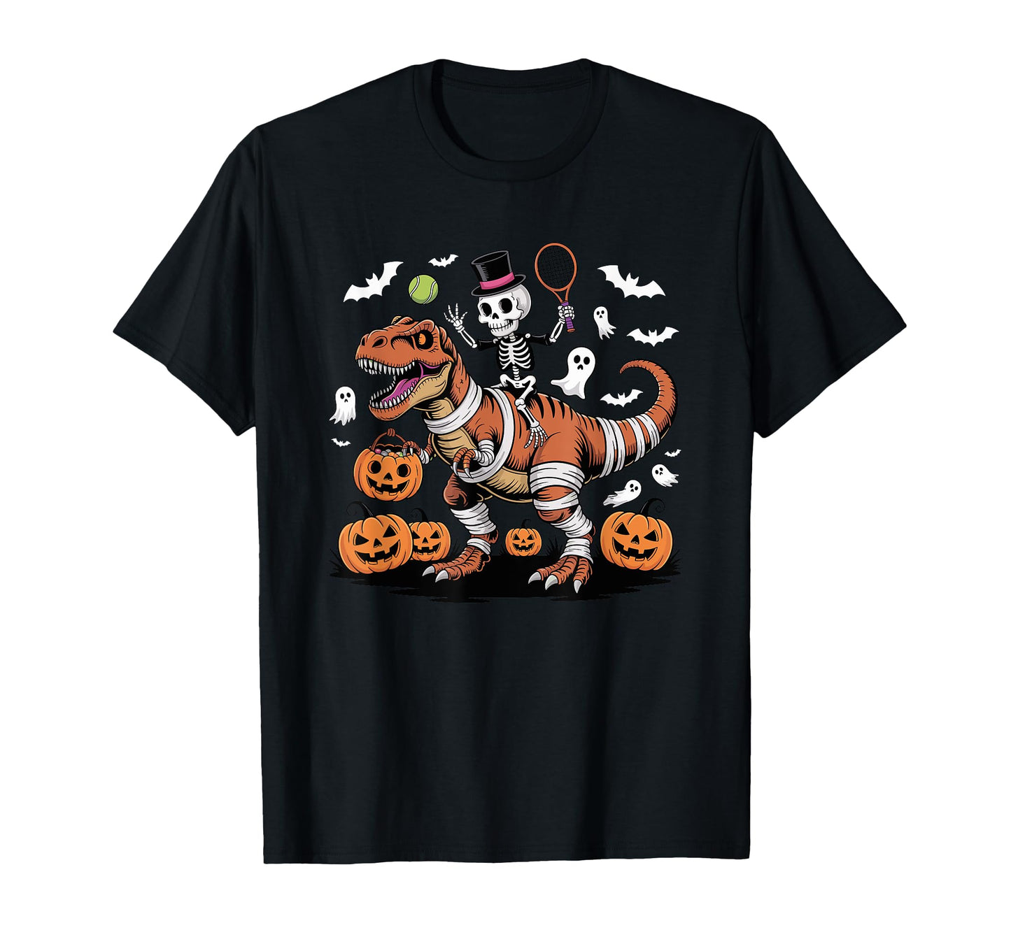Tennis Skeleton Riding Mummy Dinosaur T-Rex Halloween Boys T-Shirt