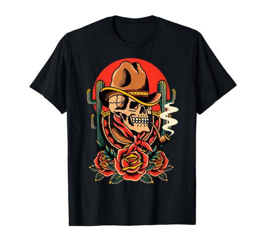 Cowboy Skeleton American Traditional Old School Tattoo Ink T-Shirt