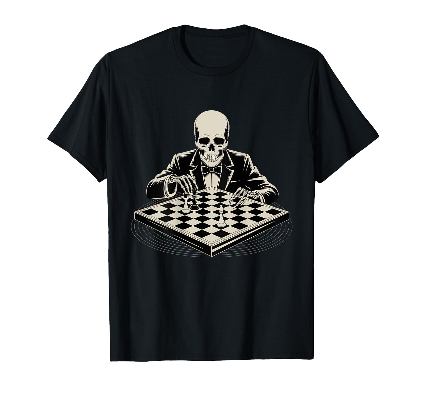 Backprint Skeleton Playing Chess Cool Skull Funny Skeleton T-Shirt
