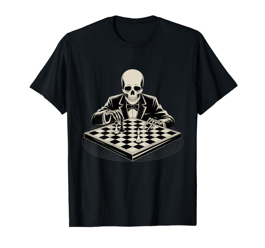 Backprint Skeleton Playing Chess Cool Skull Funny Skeleton T-Shirt