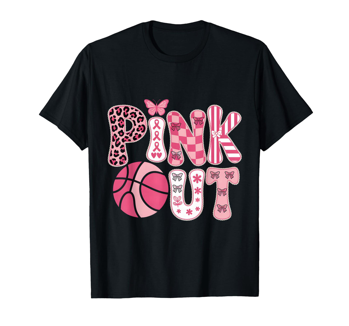 Pink Out Breast Cancer Awareness Basketball Ribbon T-Shirt