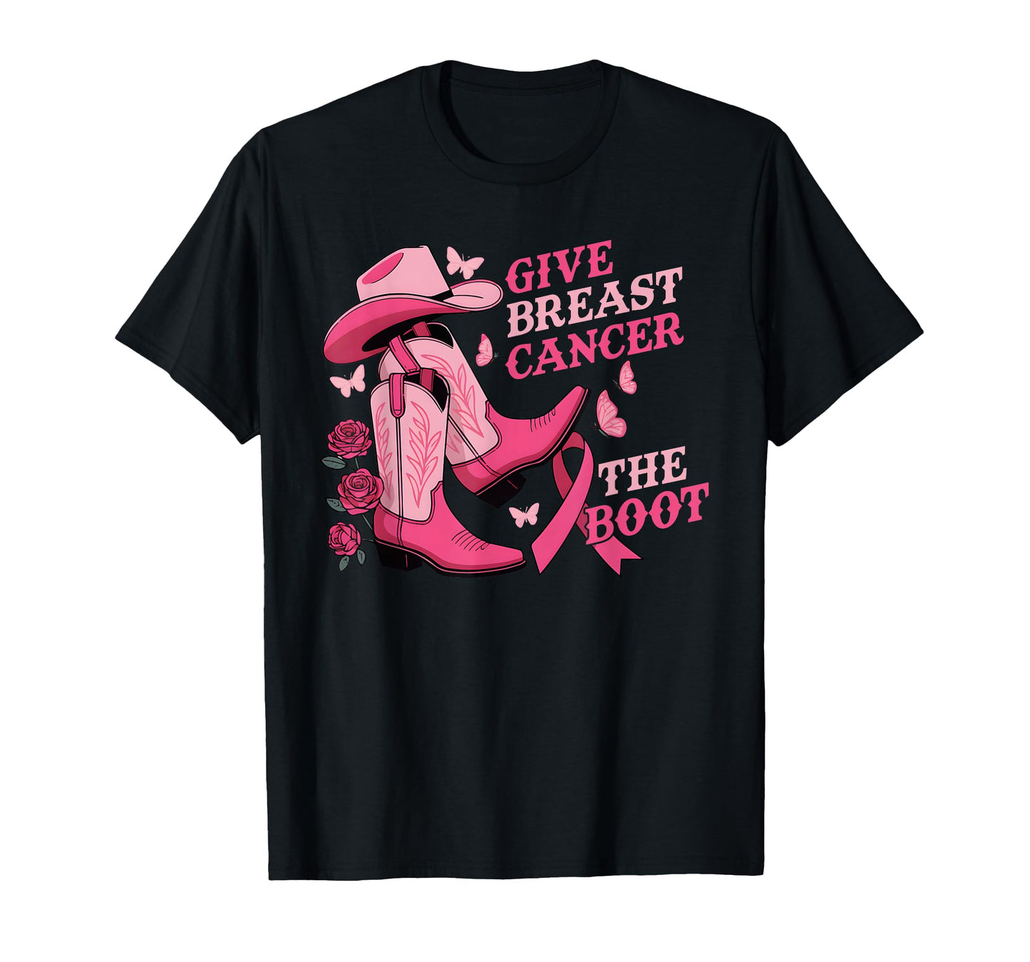 Give Breast Cancer The Boot Cowgirl Cancer Awareness Ribbon T-Shirt
