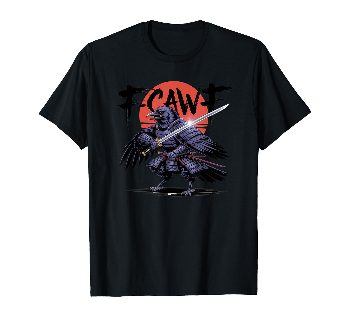 Samurai Crow F-Caw-F Funny Black Bird Red Moon Adult Humor T-Shirt