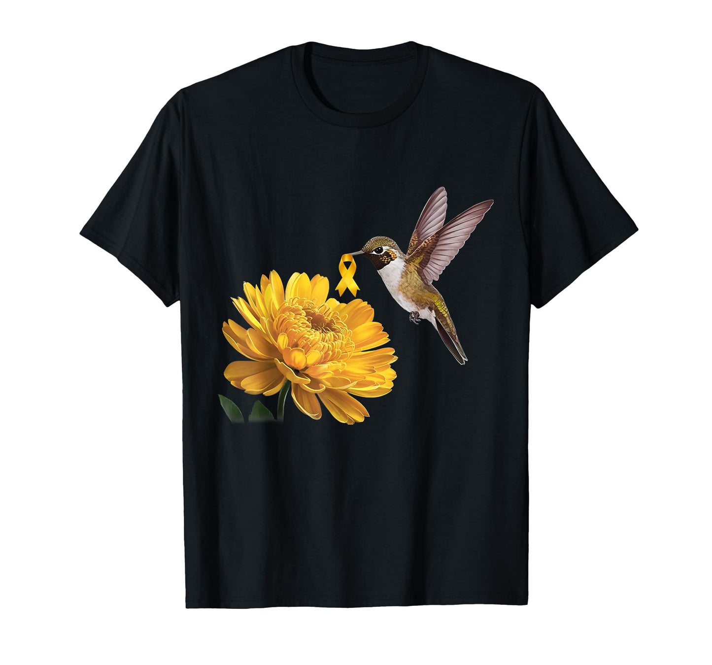 Hummingbird Sunflower Gold Ribbon Childhood Cancer Awareness T-Shirt