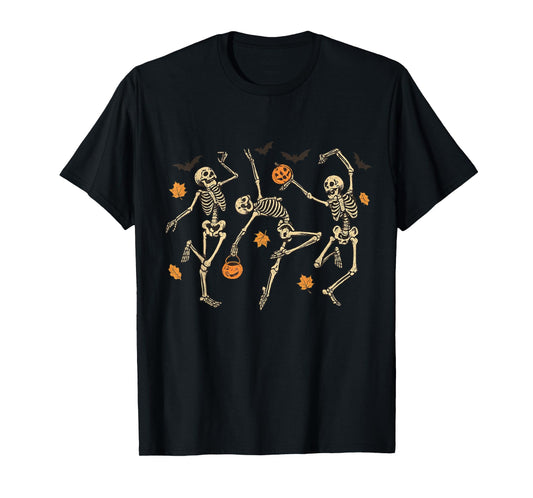 Dancing Skeletons with Pumpkins and Bats Halloween T-Shirt