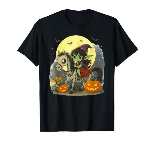 Dark Elf Goblin Troll Girl Riding Horse Skeleton Halloween T-Shirt