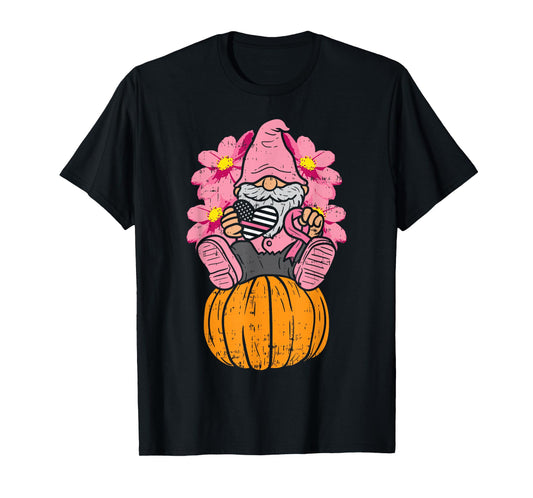 Gnome On Pumpkin Pink Ribbon Breast Cancer Halloween Gift T-Shirt
