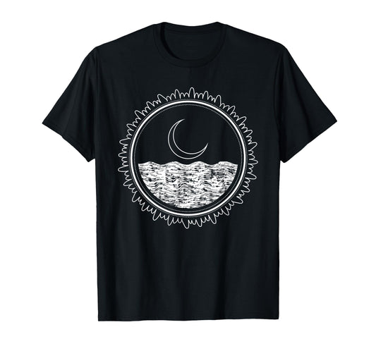 Crescent Moon Sea Night Sky Minimal Line Art Minimalist Gift T-Shirt