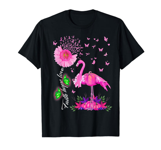 Flamingo Faith Hope Love Pink Pumpkin Ribbon Breast Cancer T-Shirt