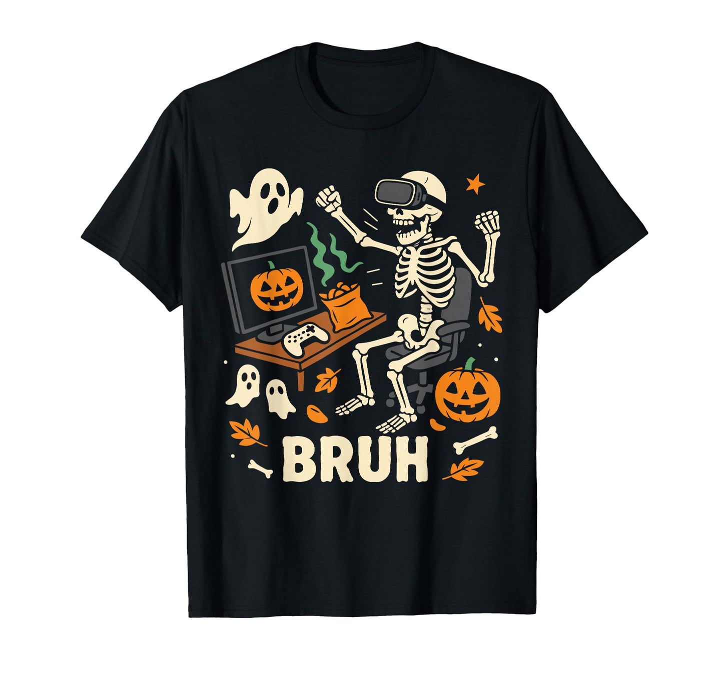 Halloween Video Game Costume Men Boys, Bruh Skeleton Gamer T-Shirt
