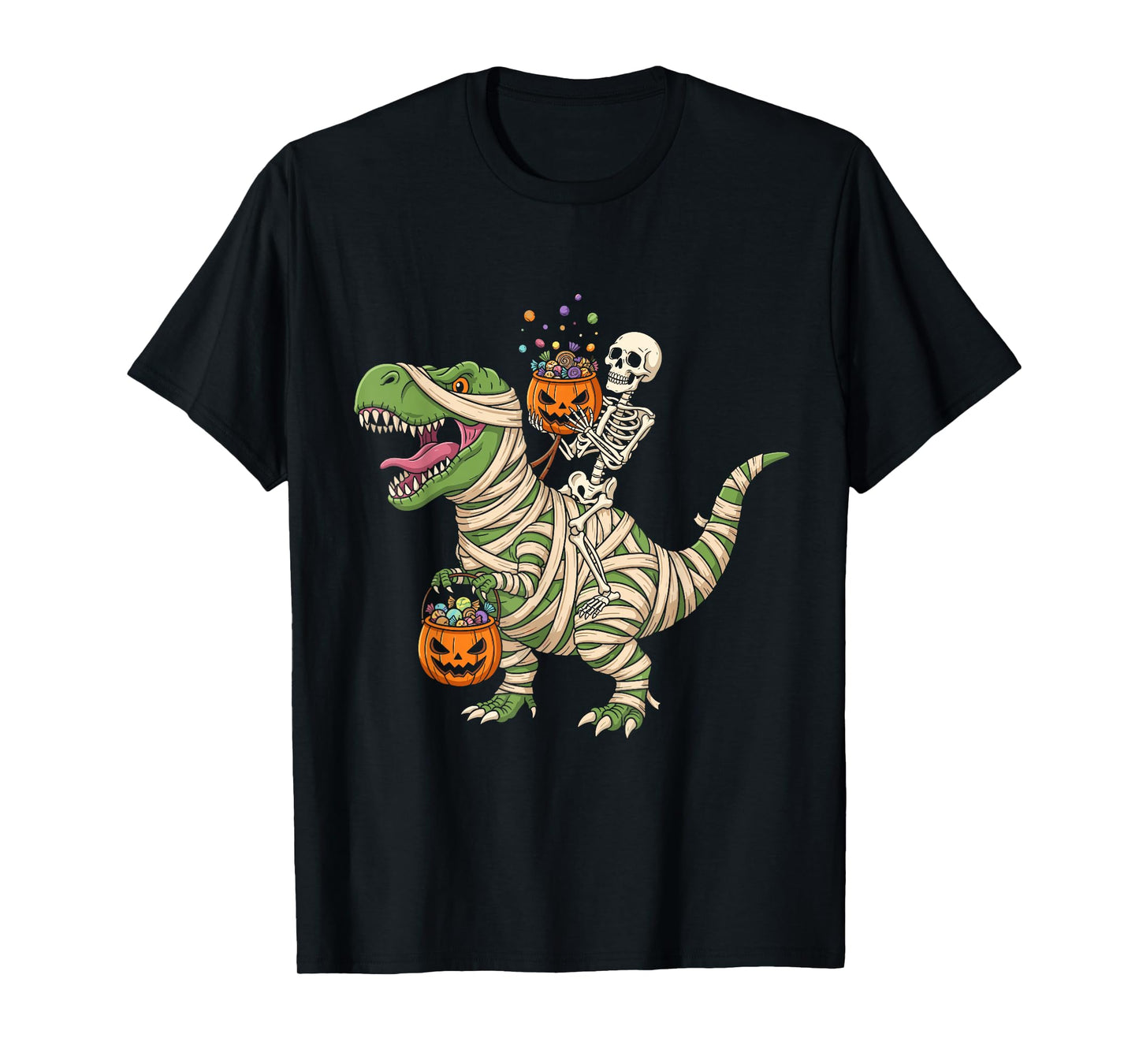 Skeleton Riding Mummy Dinosaur T-Rex Funny Halloween Pumpkin T-Shirt