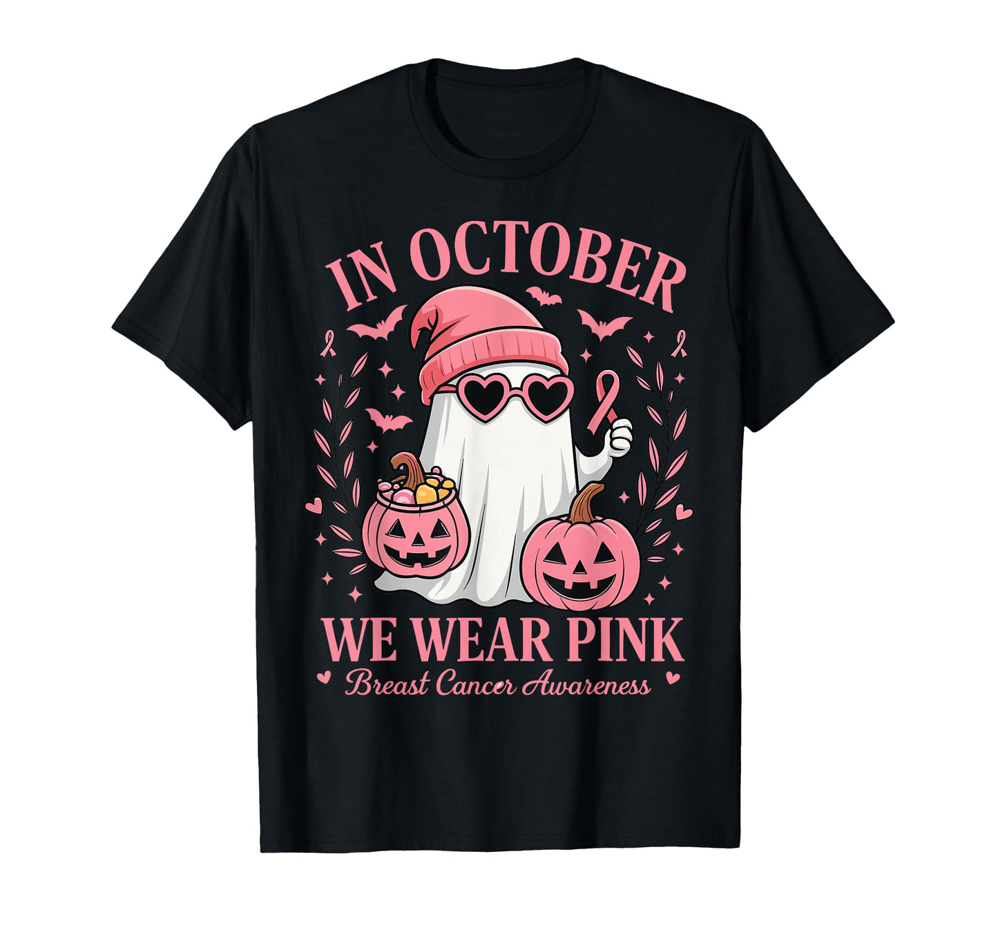 Boo in October We Wear Pink Breast Cancer Halloween Ghost T-Shirt