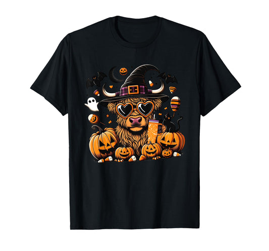 Halloween Highland Cow , Cute Witch Spooky Halloween Cow T-Shirt