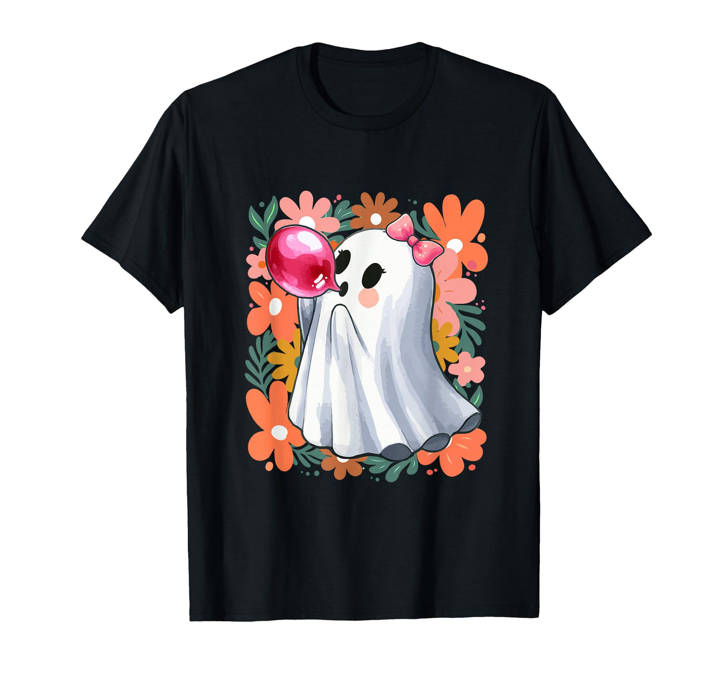 Floral Boo Ghost Bow Tie Blowing Bubble Halloween Women Girl T-Shirt