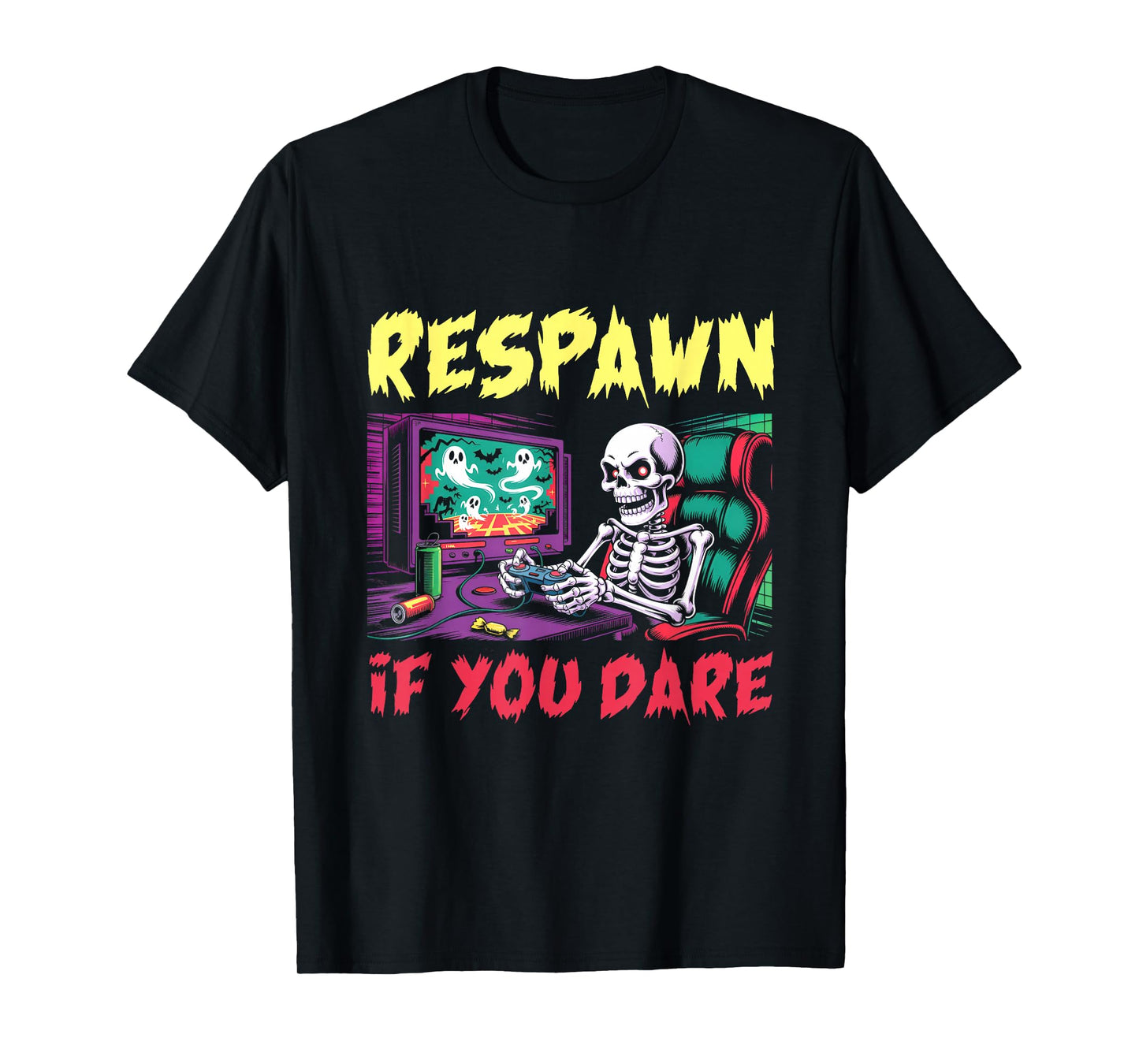 Respawn If You Dare Skeleton Gamer Funny Halloween Gaming T-Shirt