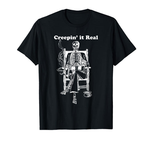 Creeping it Real Vintage Pipe Smoking Halloween Skeleton T-Shirt