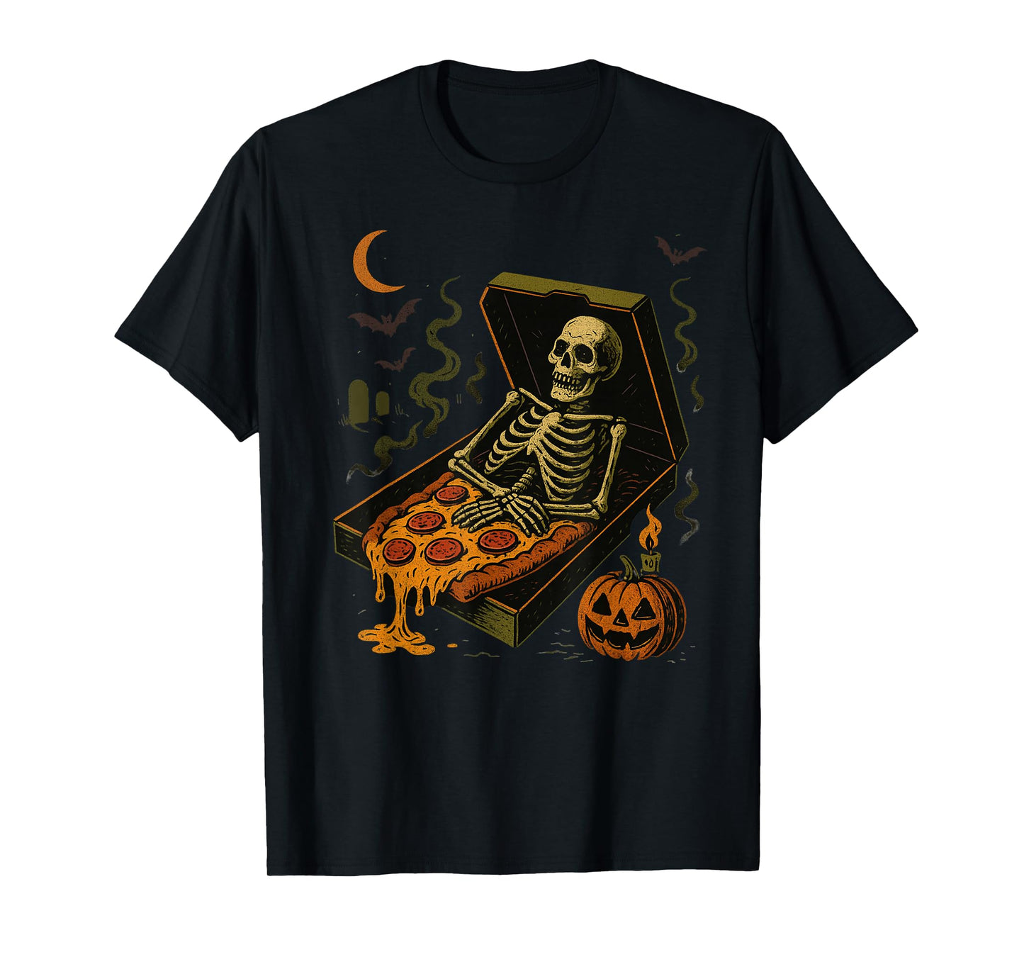 Retro Rest in Pizza Skeleton Pumpkin Patch Apparel T-Shirt