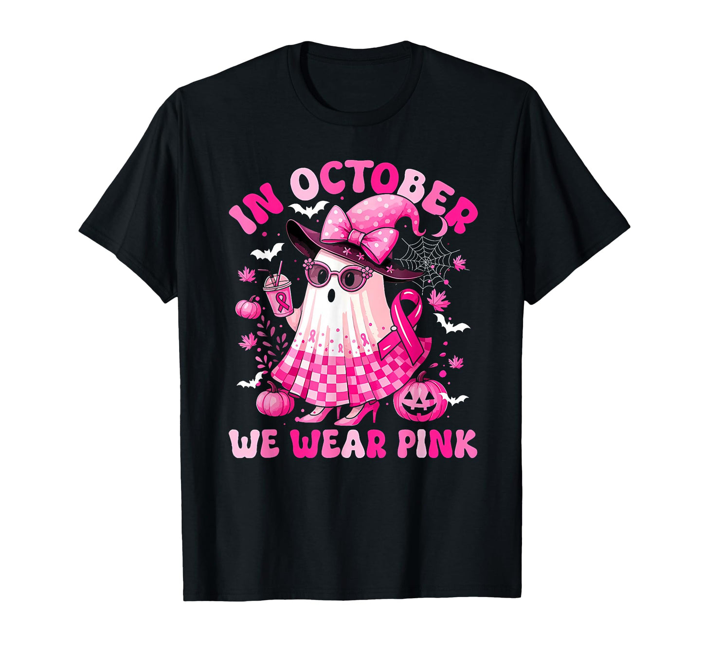 in October We Wear Pink Ghost Coffee Breast Cancer Awareness T-Shirt