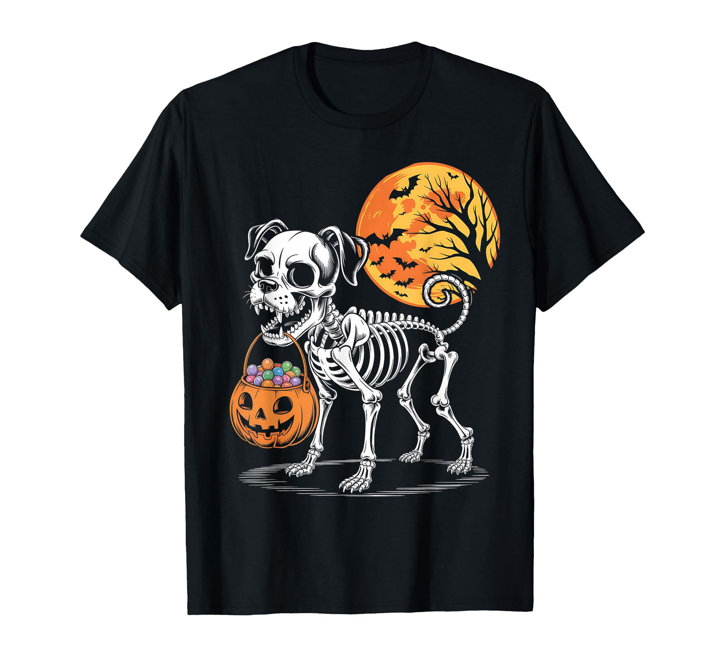 Funny Boxer Dog Skeleton Scary Pumpkin Moon Halloween T-Shirt