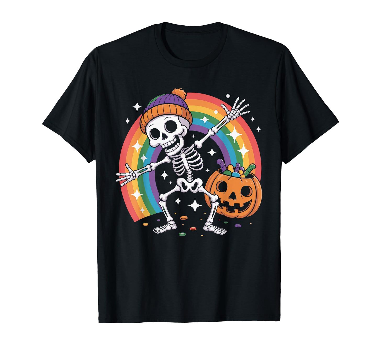 Rainbow Skeleton Pumpkin Trick or Treat Halloween Costume T-Shirt
