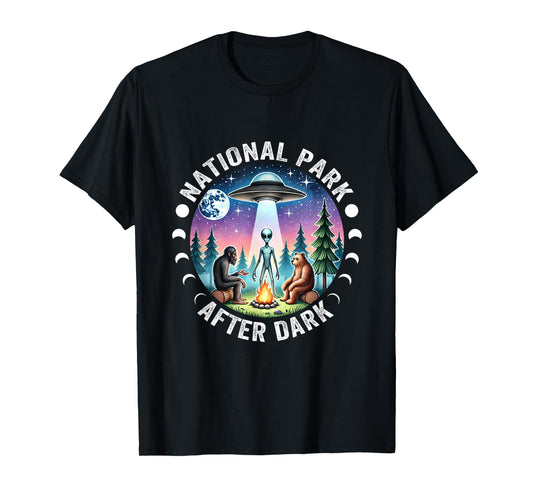 Vintage Retro Funny National Park After the Dark Big foot Alien Campfire T-Shirt, Small, Black