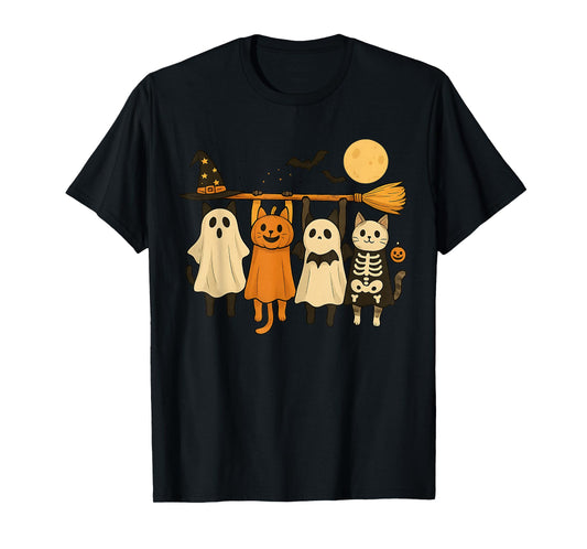 Cute Halloween Cat Ghost Pumpkin Skeleton T-Shirt