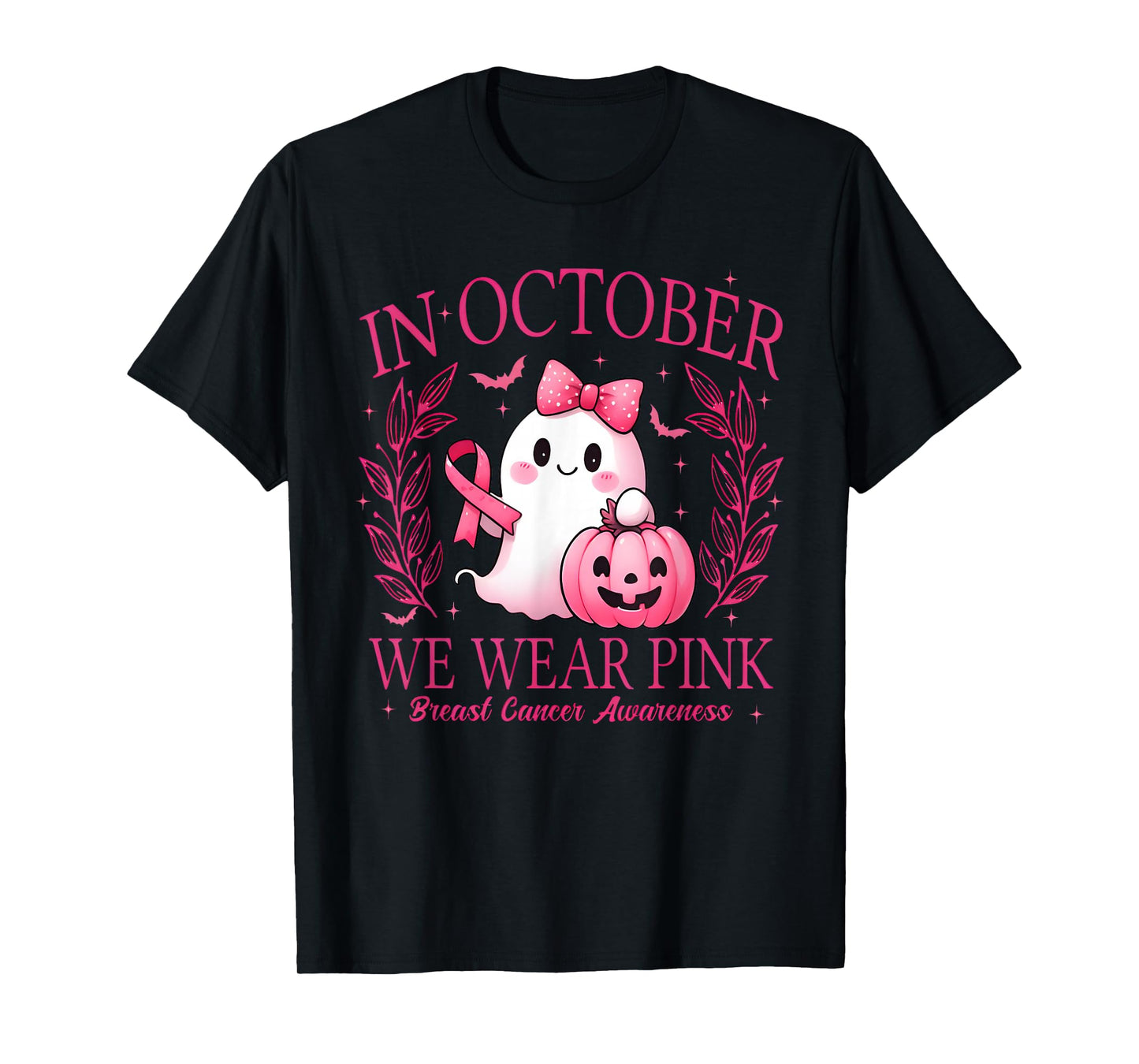 in October We Wear Pink Ghost Witch Breast Cancer Awareness T-Shirt