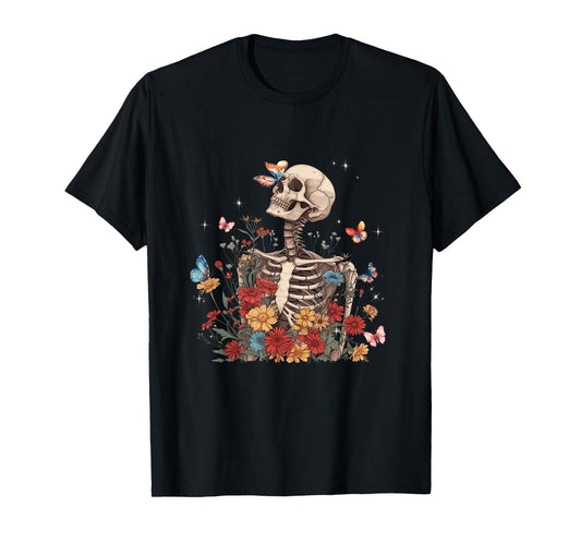 Skeleton Flowers Butterfly Floral Halloween Men Women T-Shirt