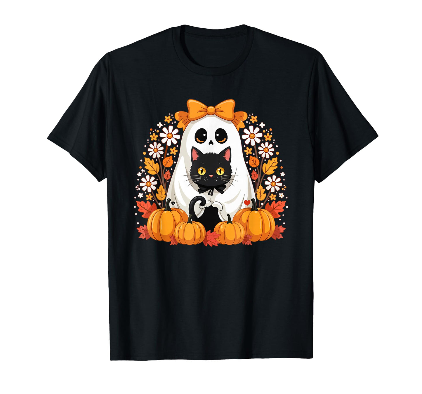 Ghost Holding Black Cat Groovy Aesthetic Flowers Halloween T-Shirt
