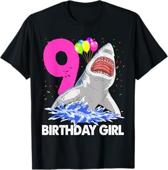 Funny Birthday Girl 9 Shark T-shirts Women Celebration Gifts T-Shirt
