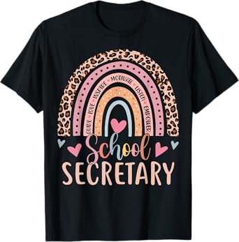 Funny School Secretary Rainbow Leopard Print Front Office T-Shirt