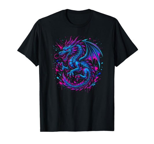 Dragon Vaporwave Paint Splatter - Retro 90s Y2K Aesthetic T-Shirt