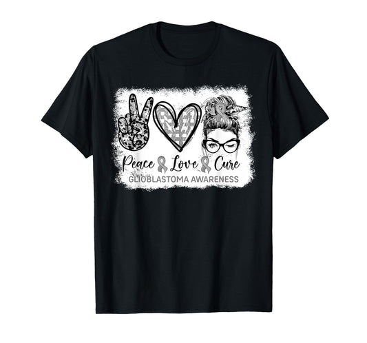Messy Bun Peace Love Cure Gray Ribbon Glioblastoma Awareness T-Shirt
