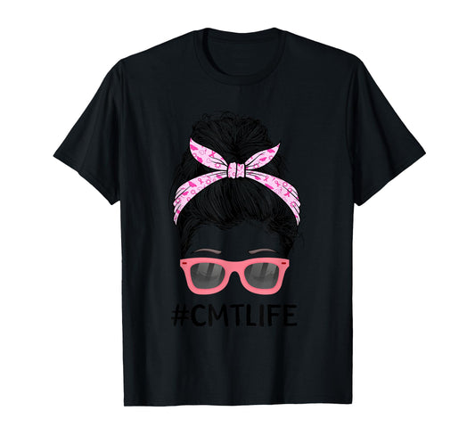 Cute CMT Certified Massage Therapist Messy Bun Breast Cancer T-Shirt
