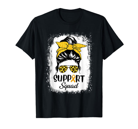 Messy Bun Glasses Support Squad Childhood Cancer Awareness T-Shirt