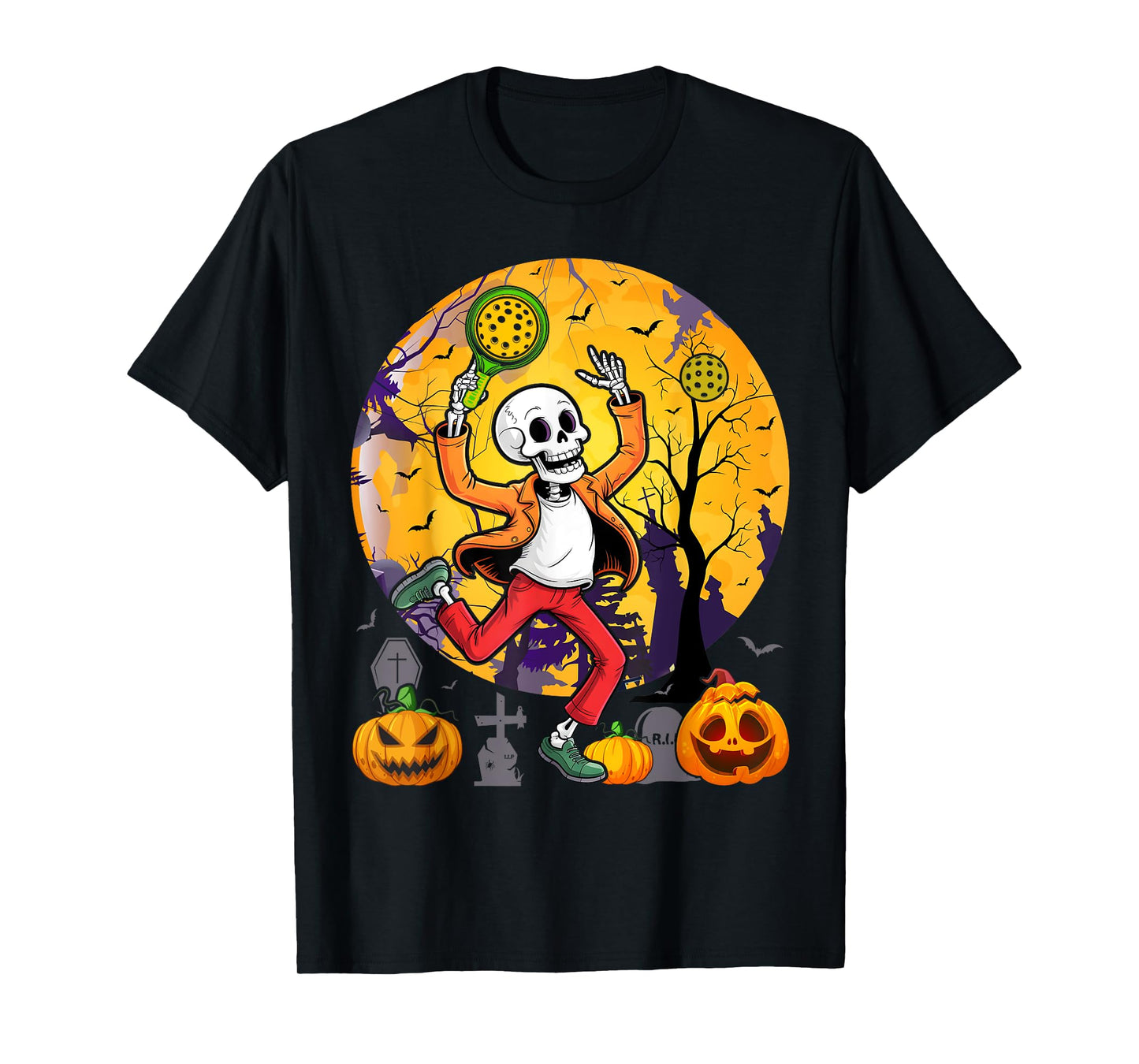 Vintage Skeleton Playing Pickleball Halloween Costume Player T-Shirt