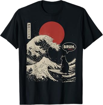 "BRUH." The Great Wave Kanagawa Funny Japanese Surfing Cat T-Shirt