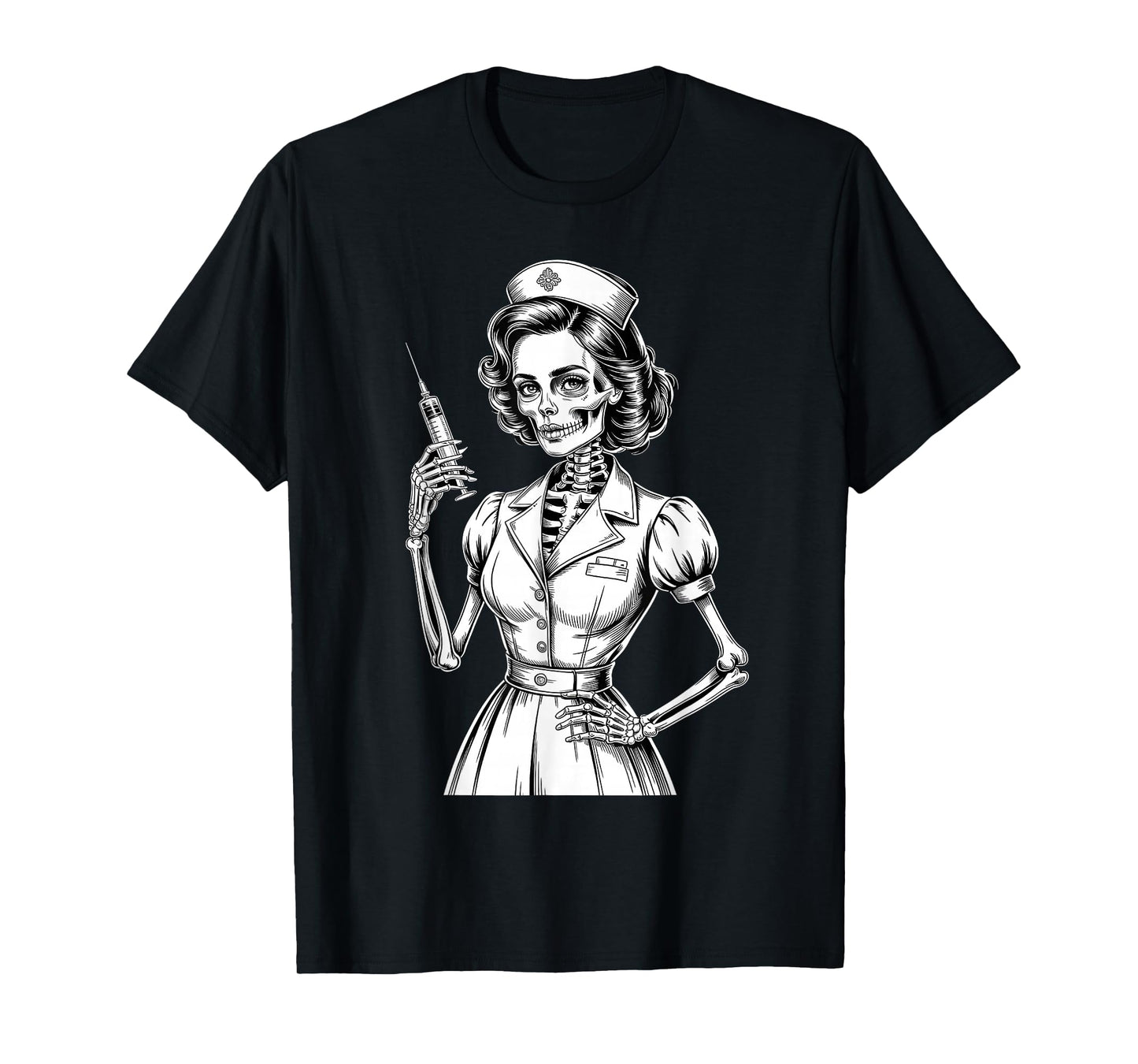 Halloween Vintage Skeleton Nurse with Syringe T-Shirt