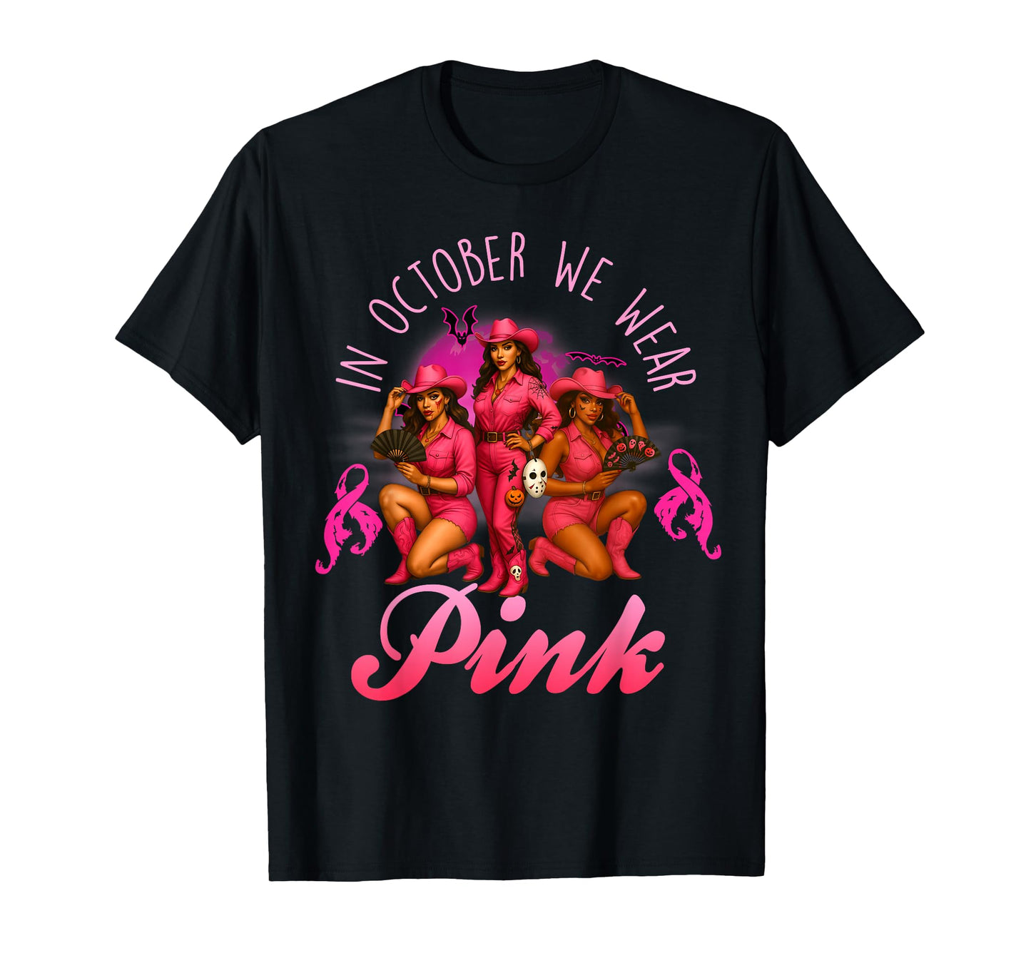 in October We Wear Pink Breast Cancer Halloween Cowgirl T-Shirt