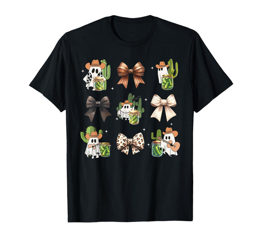 Cowboy Ghost Coquette Bow Pickle Garden Western Halloween T-Shirt