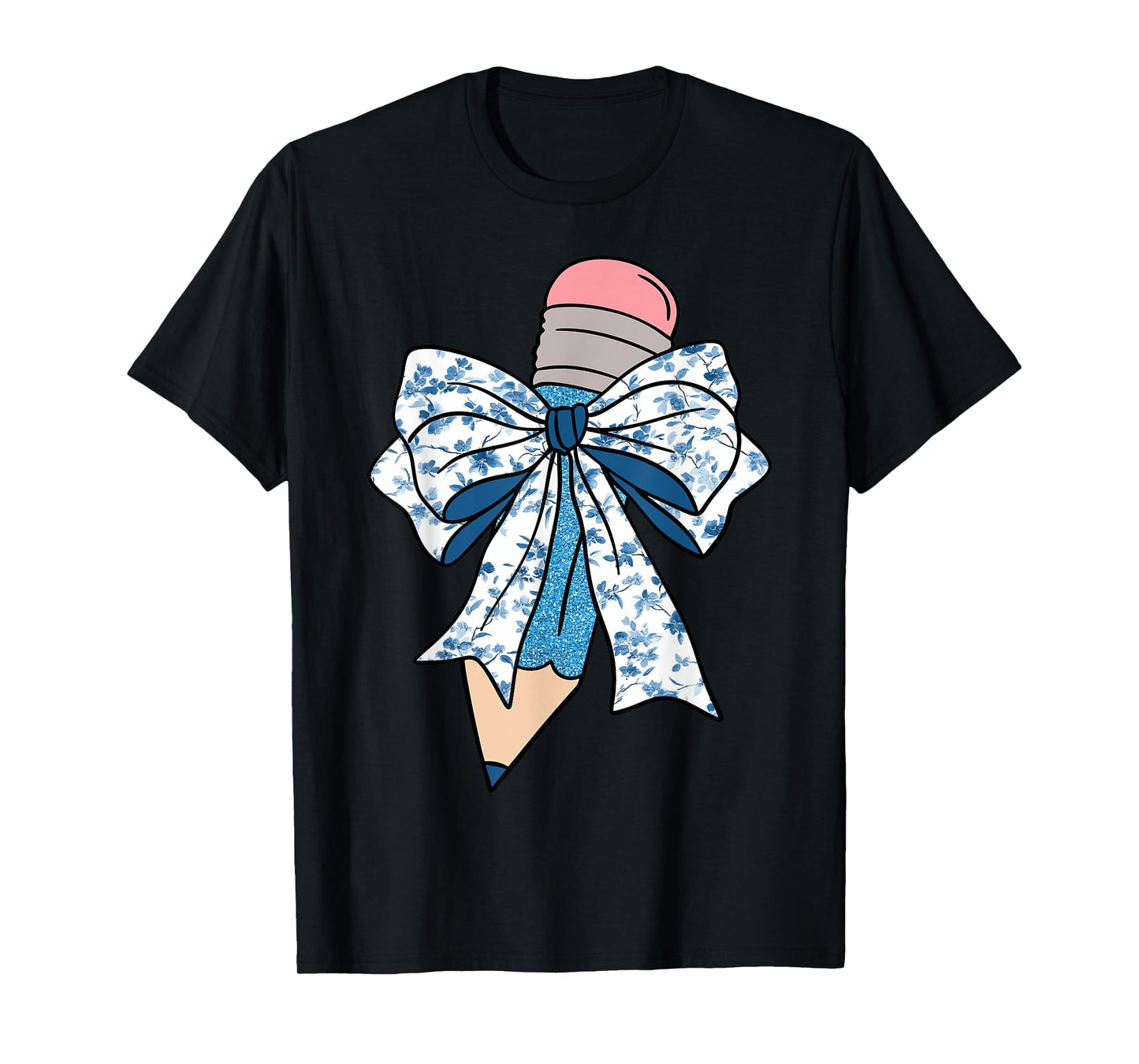 Pencil Teacher Coquette Toile Blue Bow Floral Pattern T-Shirt
