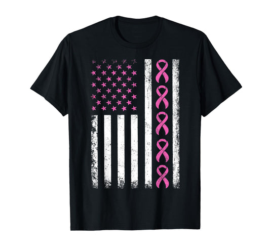 Breast Cancer Awareness T-Shirt American Flag Distressed Women Kids Men T-Shirt