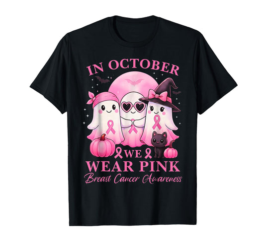 in October We Wear Pink Ghost Squad Breast Cancer Awareness T-Shirt
