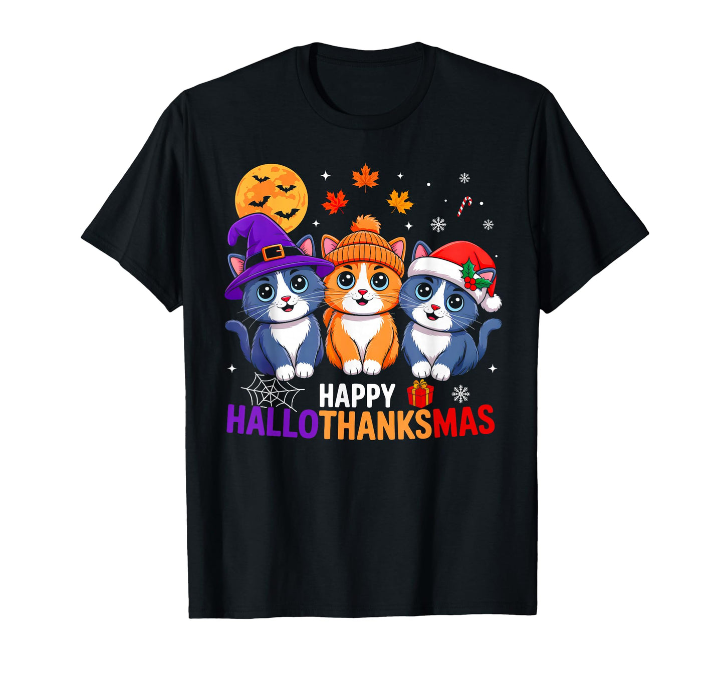 Cat Halloween Christmas Happy Hallothanksmas Thanksgiving T-Shirt