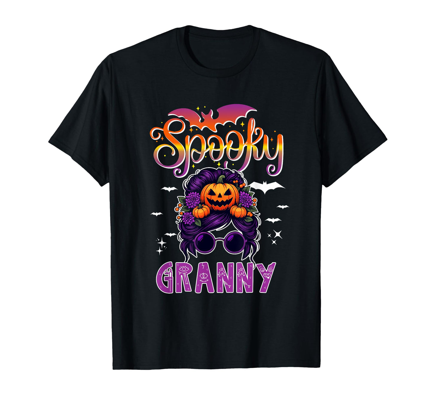 Spooky Halloween Granny Women Messy Bun Hair Sunglasses T-Shirt