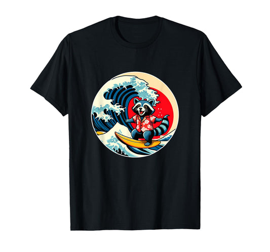 Great Wave Kanagawa Racoon Surfing T-Shirt