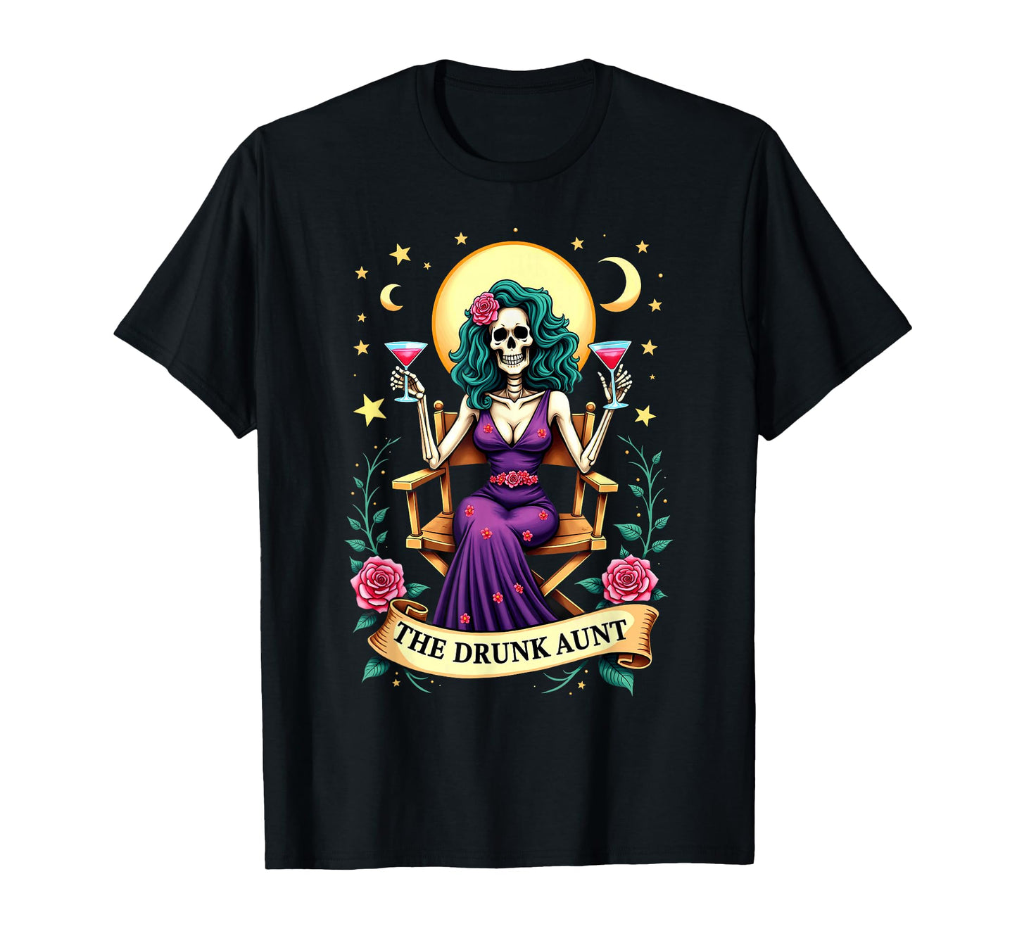 Gothic Tarot Card The Drunk Aunt Skeleton Halloween T-Shirt